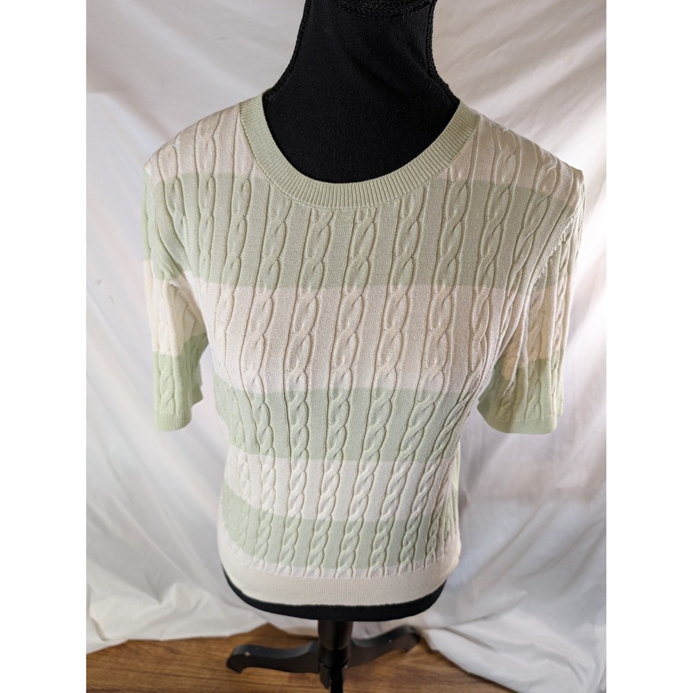 Spao Size Large Light Green & Ivory Stripe S/S Cable Knit Shirt Classic Preppy